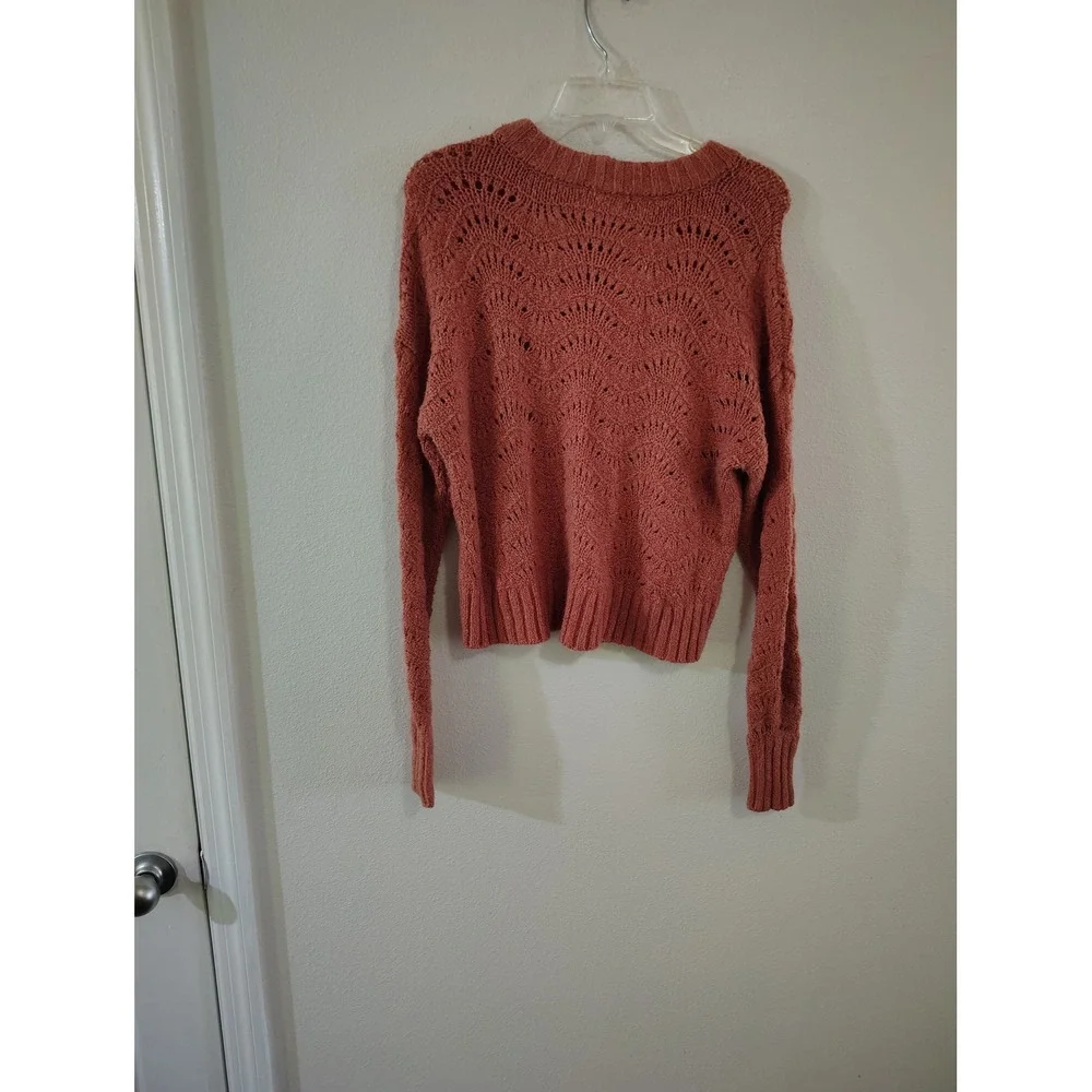 American Eagle Terracotta Coral Pointelle Knit Scalloped Crew Neck Sweater Small